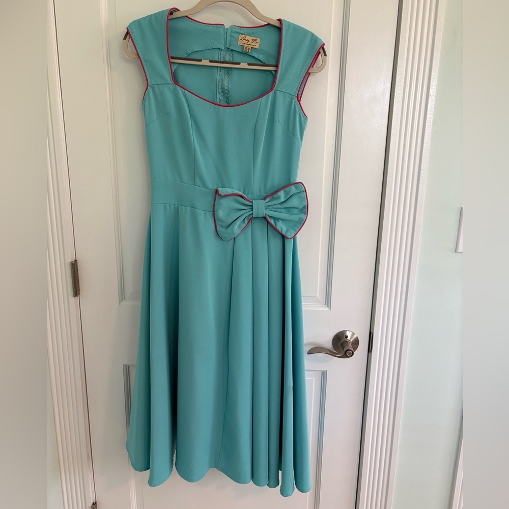 Lindy Bop Turquoise Dress with Pink Trim and Bow